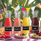 Glass Carafe with Acrylic Lid,35 Oz Beverage Dispensers Carafe,Mimosa Bar Supplies,Clear Glass Pitcher with Name Labels for Iced Tea,Coffee,Juice(Set of 4)