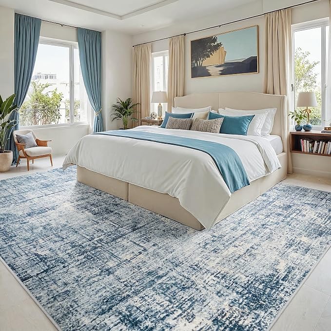 10x14 Washable Area Rug for Living Room Bedroom: Non-Slip Modern Blue Gold | - Image 2