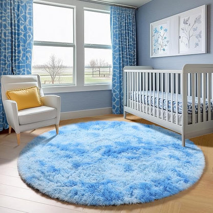 Round Rugs 5ft for Bedroom Living Room, Tie-Dye Blue Fluffy Circle Area Rug for - Image 7