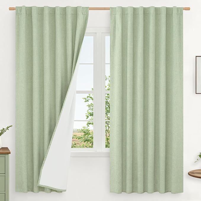 100% Blackout Natural Linen Bedroom Curtains 63 Inches 2 Panels | Light Green by LAMIT