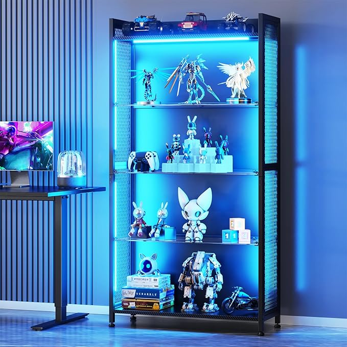 AODK Display Case with LED Lights, Display Cabinet with Glass Storage Shelves by AODK