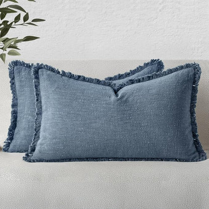 MIULEE Linen Fringe Decorative Lumbar Throw Pillow Covers Blue Ashes 12x20 | by MIULEE