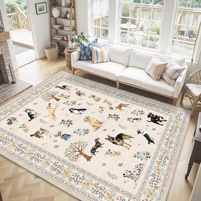 Beige Dog Area Rug 6x9 for Living Room Bedroom | Ultra-Thin; Easy Clean; Non - Image 3