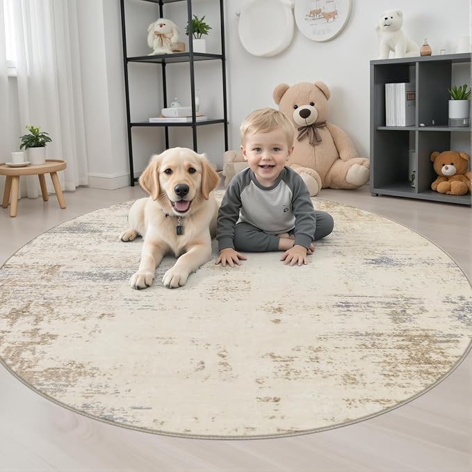 Round Area Rug Living Room: 4 ft Modern Washable Indoor Carpet | - Image 3