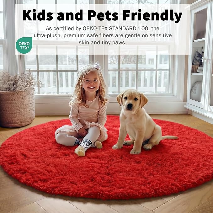 Red Round Rugs 5ft for Bedroom Living Room, Fluffy Circle Area Rug for Kids - Image 4