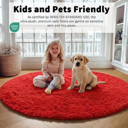 Red Round Area Rug 4ft, Soft Bedroom Circle Rugs Floor Mat - Image 4