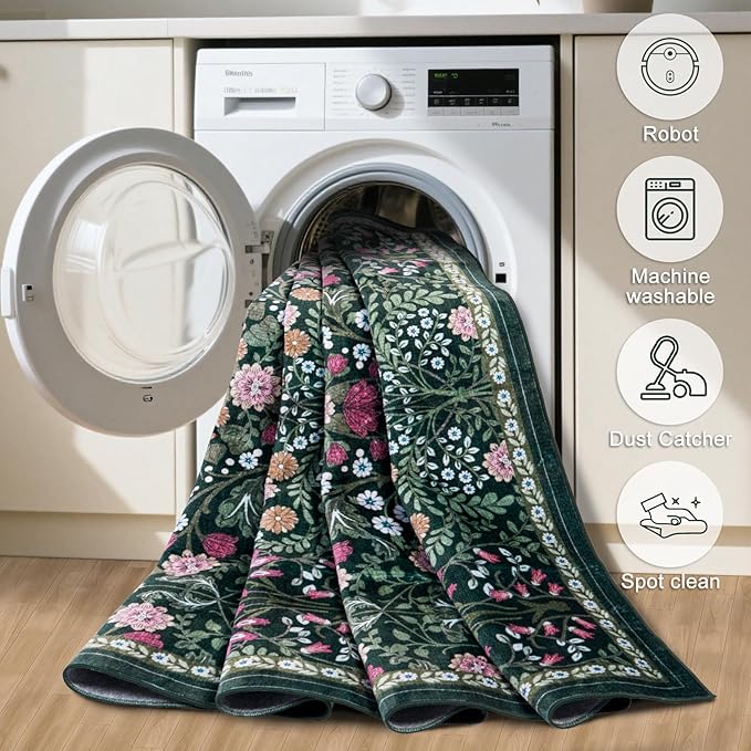 PLHXFR Area Rug 10x14 Living Room: Floral Washable Boho Carpet Dark Green | - Image 5