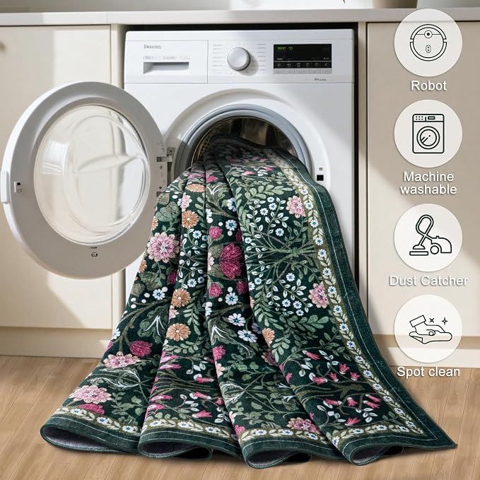PLHXFR Area Rug Living Room: 5x7 Floral Washable Boho Carpet Dark Green | - Image 6
