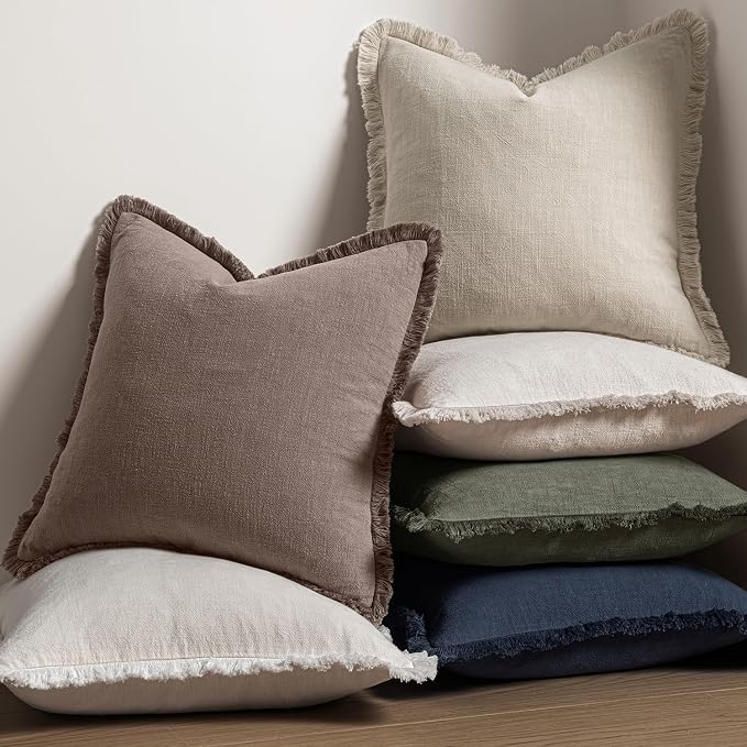 MIULEE Linen Fringe Decorative Fall Euro Pillow Covers Malt Ball 22x22 | Set of - Image 5