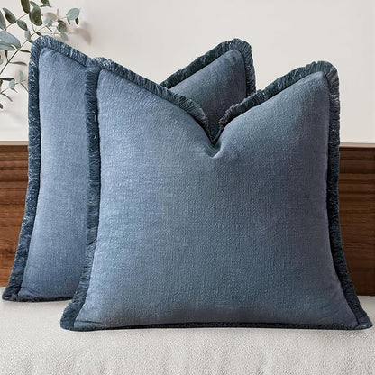 MIULEE Linen Fringe Decorative Euro Throw Pillow Covers Blue Ashes 28x28 | Set by MIULEE