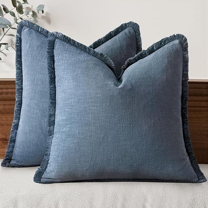 MIULEE Boho Linen Fringe Decorative Throw Pillow Covers Blue Ashes 20x20 | Set by MIULEE