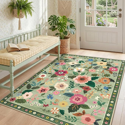 RELEANY Floral Washable 4x6 Area Rugs LightGreen | Flower Carpet Print Boho - Image 8