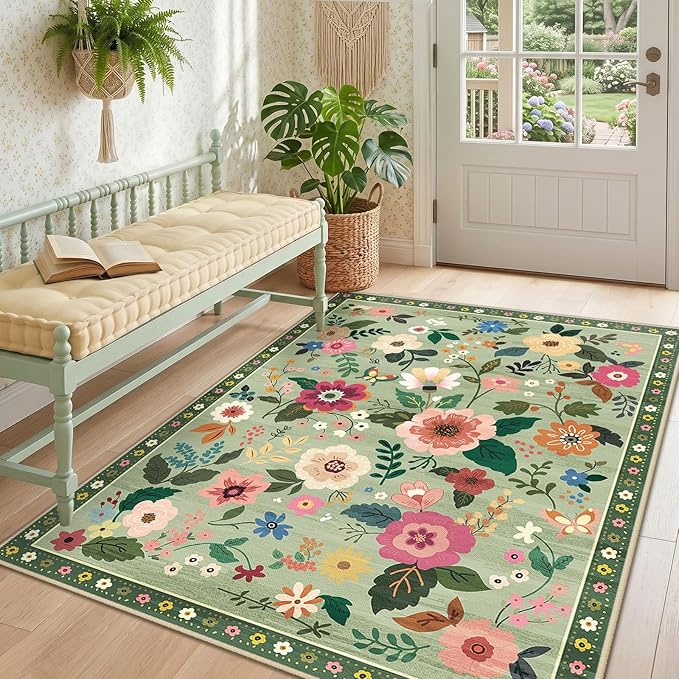 RELEANY Floral Washable 3x5 Area Rugs LightGreen | Flower Carpet Print Boho by RELEANY