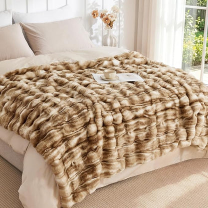 Luxury 1000GSM Rabbit Faux Fur Blanket, Super Warm Cozy Brown Blankets - Image 5