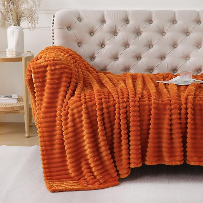 Orange Throw Blanket for Couch Sofa 50x60 inches Striped Design | Fleece - Image 4