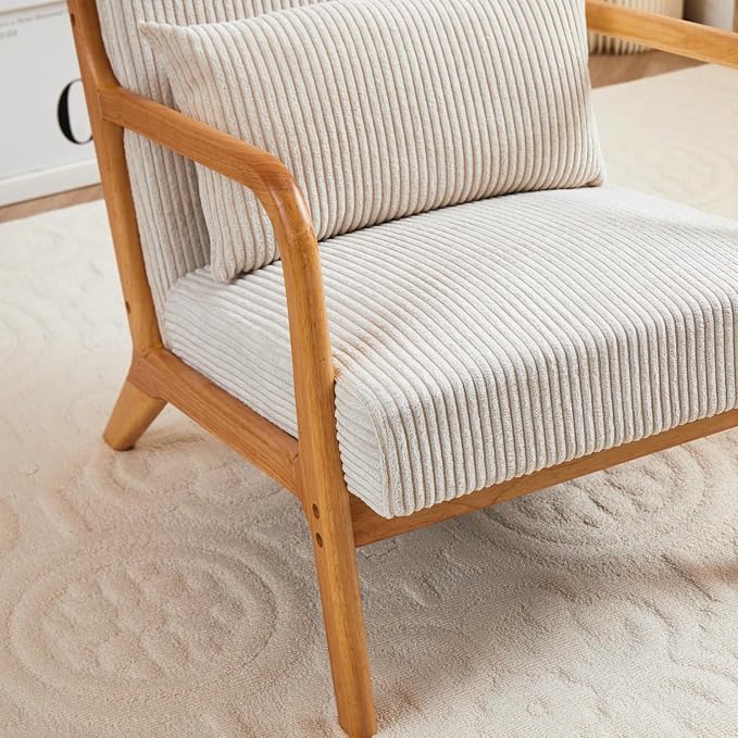 Mid-Century Modern Accent Chair Beige Rubberwood Frame Living Room Bedroom - Image 8
