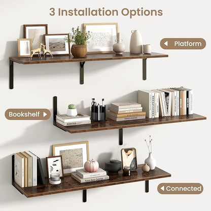 Fun Memories Rustic Brown 12 Inch Deep Floating Shelves Set of 2, Wall Mounted - Image 6