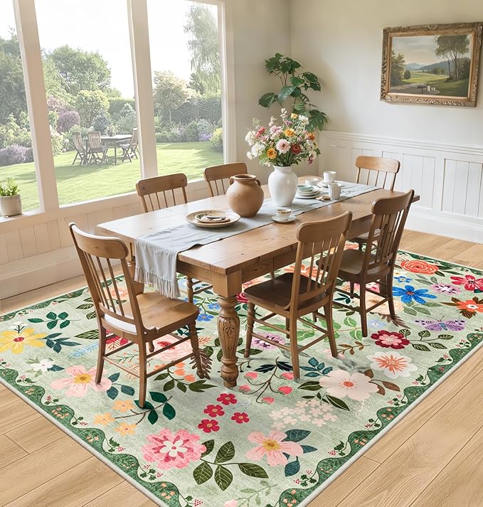 PLHXFR Area Rug 10x12 Living Room: Floral Washable Boho Soft Carpet Green | - Image 4