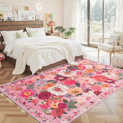 Pink Floral Area Rug 4x6 for Bedroom Living Room | Ultra-Thin; Non Slip; Stain - Image 5