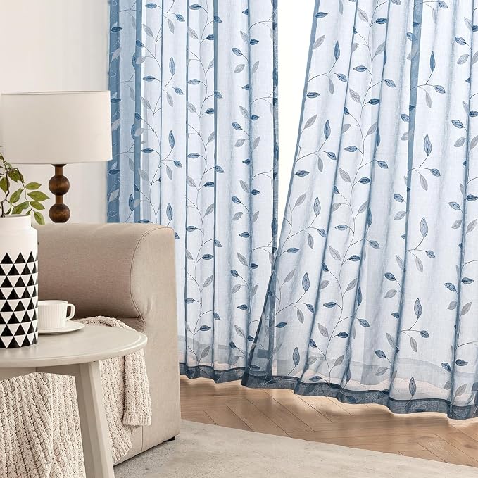MIULEE Stone Blue Sheer Curtains 2 Panels Leaf Patterned, W52 x L63 | - Image 3