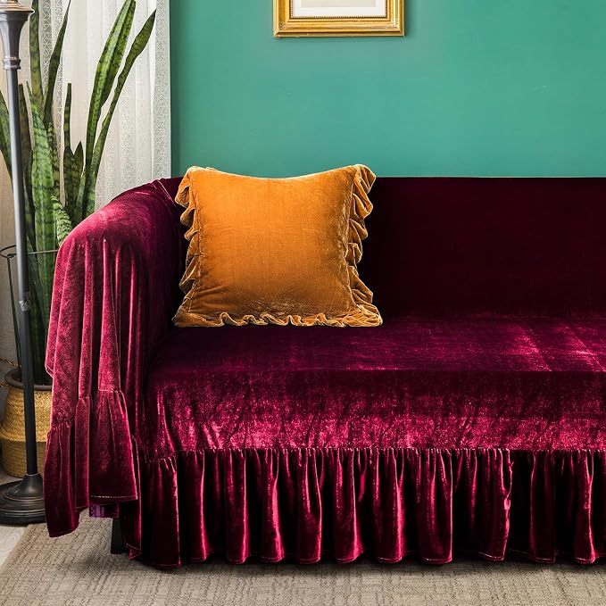 GLORY SEASON Velvet Sofa Cover Soft Decorative Luxurious Solid Exquisite Ruffle - Image 3