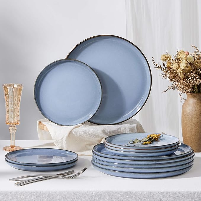 Herogo 6-Piece Stoneware Dinner Plates Set, 10.43" Ceramic Round Plate Set, Handmade Double Reactive Glaze Dinnerware Plates for Kitchen, Microwave, Oven and Dishwasher Safe, Haze Blue