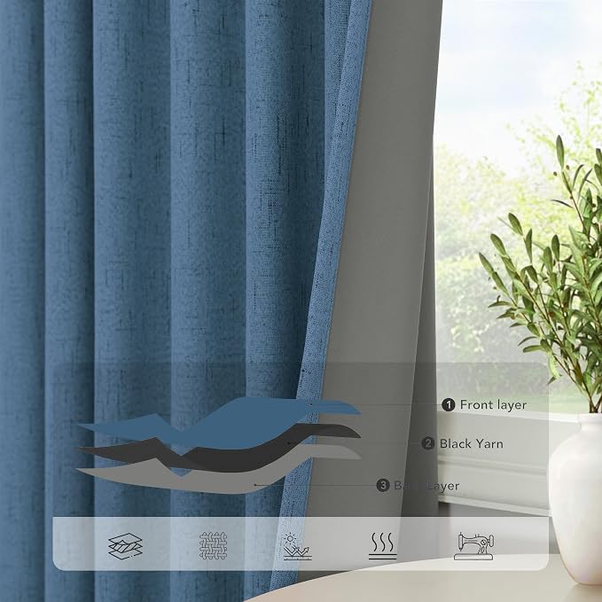 Denim Blue Blackout Curtains & Drapes 84 Inch Length 2 Panels Set Faux Linen - Image 5