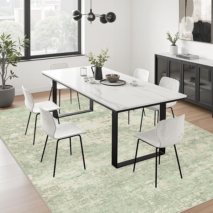 10x14 Area Rug Living Room: Modern Washable Soft Carpet Green Cream | - Image 4