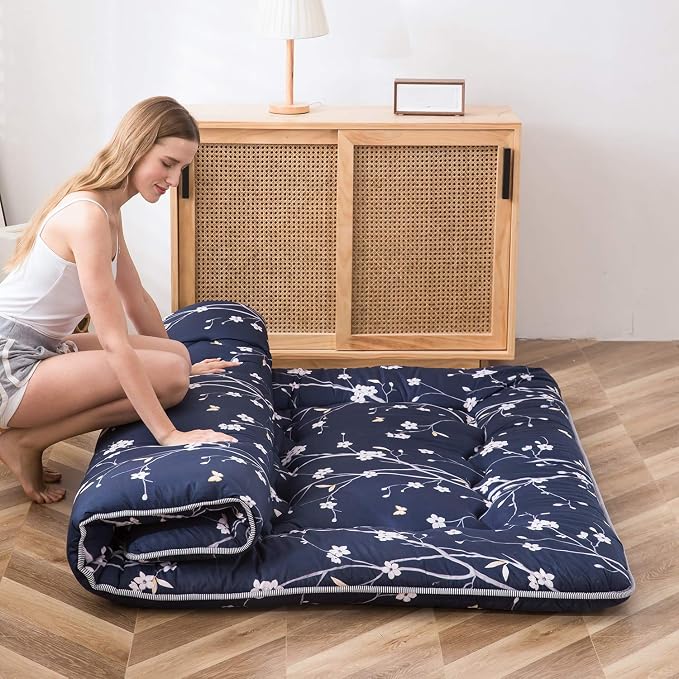 MAXYOYO Navy Floral Printed Japanese Floor Mattress Rustic Style Futon Mattress - Image 4
