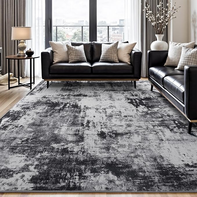 Rugflix 6x9 Area Rugs for Living Room, Washable Black Grey Dark Large Rug | by RugflixAreaRugs