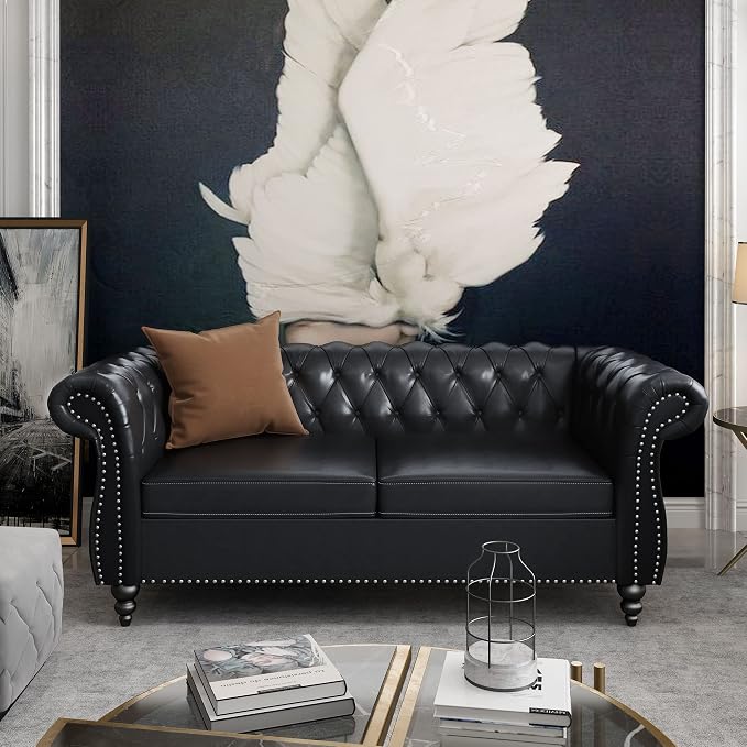 ORRD 2 Pieces Living Room Set, Chesterfield Leather Sofa Loveseat Couch - Image 6