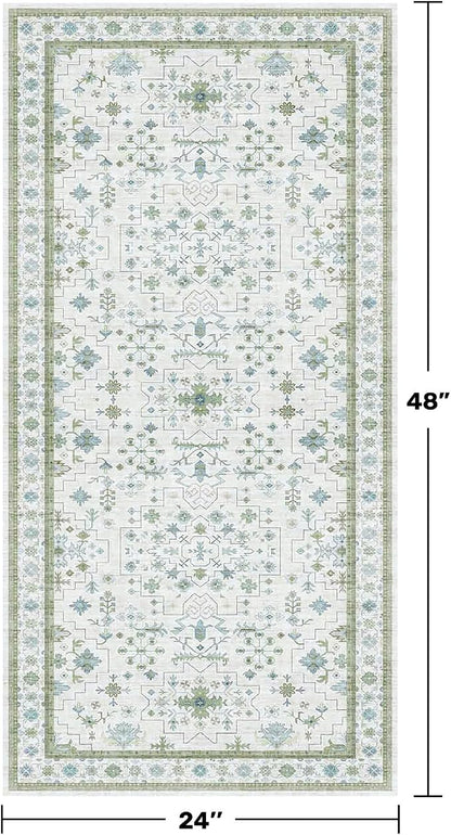 Cream Green and Blue 2x4 Boho Bathroom Rug - Image 2
