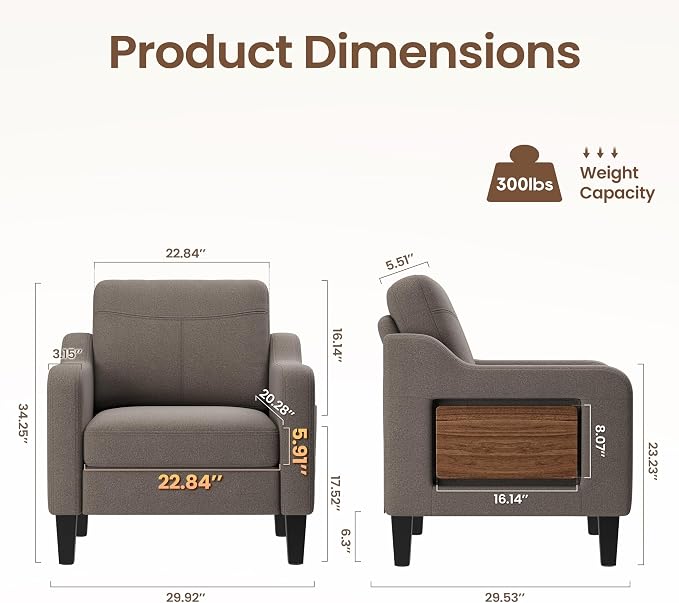 Accent Chair for Living Room Modern Linen Upholstered Armchair Side Wooden - Image 2