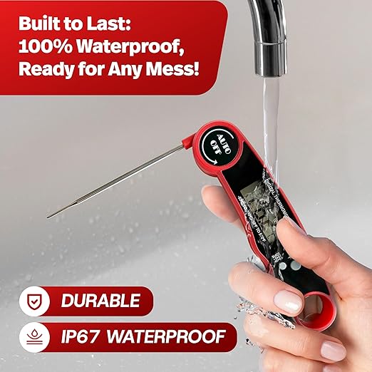 Meat Thermometer Digital Wireless with Cooking Tongs for Cooking & Grilling - Ultra-Fast Waterproof Food Thermometer with Backlight & Calibration for BBQ, Candy, Oven, Kitchen Essentials (Black/Red)
