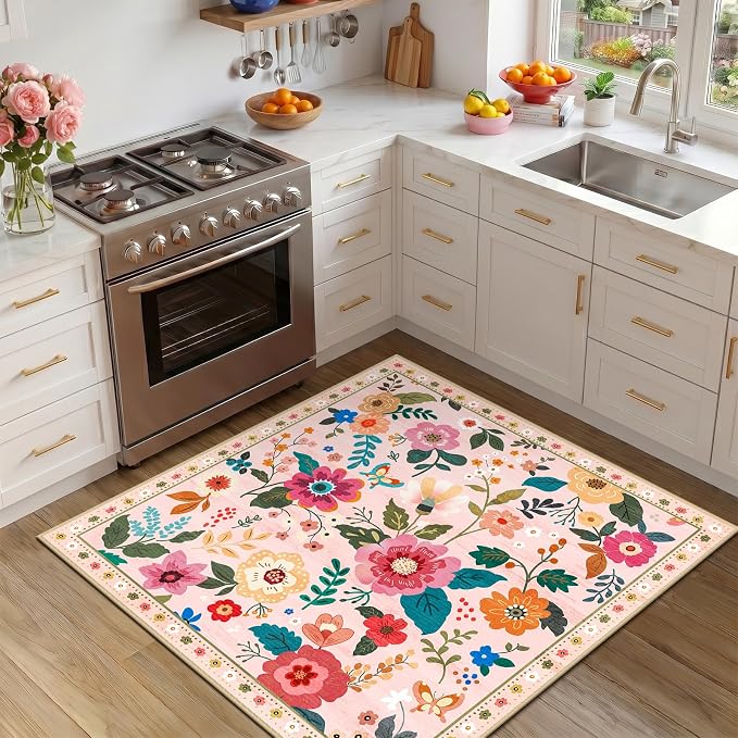 RELEANY Floral Washable Square 5ft Area Rug Pink | Flower Carpet Print Boho - Image 2
