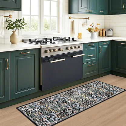 PLHXFR 2x6 Washable Runner Rug：Floral Indoor Kitchen Carpet Dark Black | - Image 6