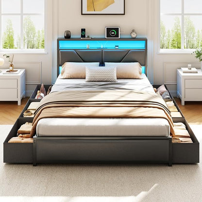 OURPIC Queen Bed Frame, 2-Tier Storage Headboard & 6 Fabric Drawers, PU Leather - Image 6