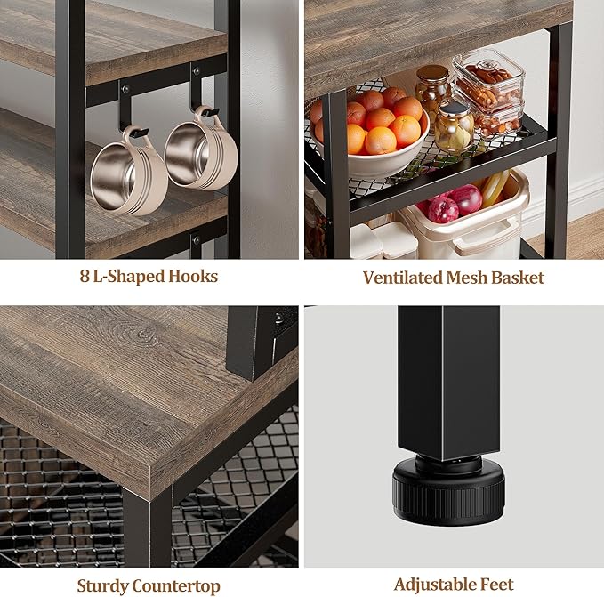 EnHomee Bakers Rack, 6 Tier Microwave Stand, Coffee Bar Organizer with 8 L-Shaped Hooks, Kitchen Shelves with Large Capacity Storage, 14.1 x 30.1 x 63.1 Inches, Black Oak