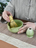 Artcome Matcha Tea Set with Pouring Spout - Green Ceramic Matcha Bowl, Bamboo Whisk, Whisk Holder, Tea Scoop & Matcha Tea Manual for Traditional Japanese Tea Ceremony - Ideal for Gift - Deep Green