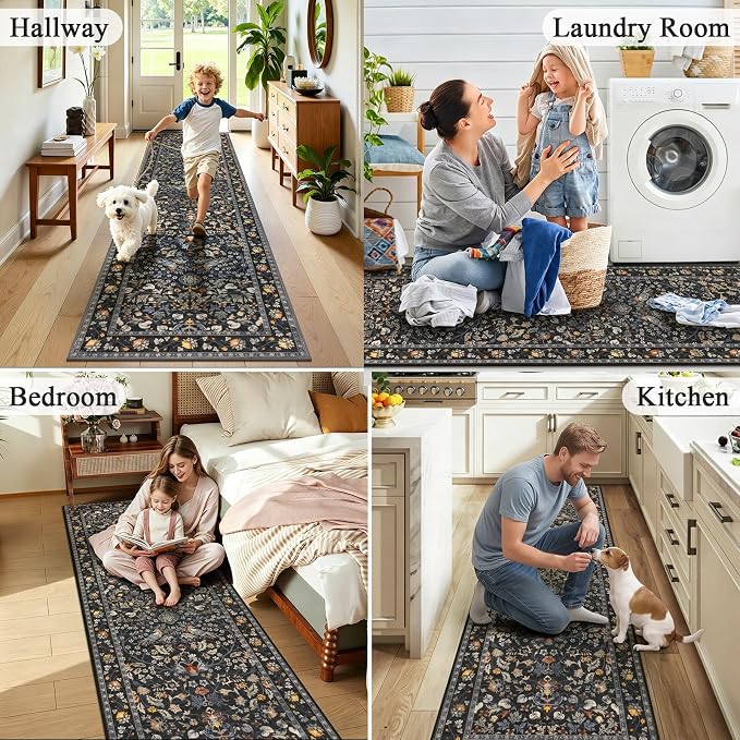 HEBE Hallway Runner Rug 2'x8', Washable Non Slip Kitchen Rug Runner | Soft Boho - Image 6