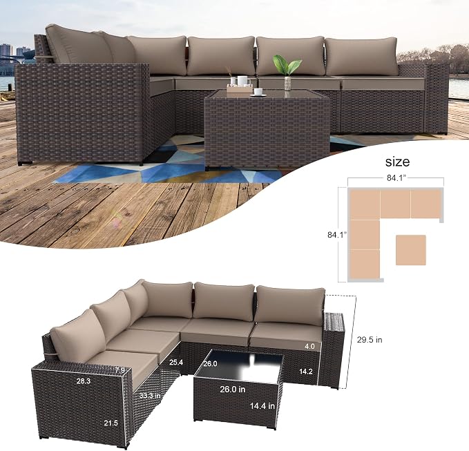 Kullavik Outdoor Patio Furniture Set 6 Pieces Sectional Rattan Sofa Set Brown - Image 5
