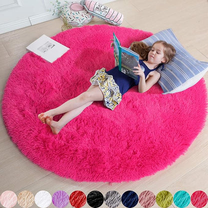 Amdrebio Hot Pink Fluffy Round Rug 4Ft by Amdrebio