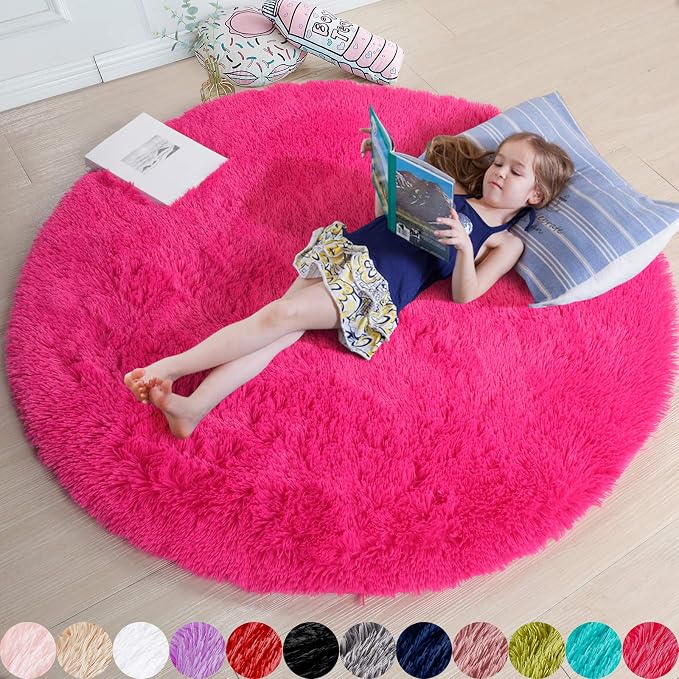 Amdrebio Hot Pink Plush Round Circle Rug 5Ft by Amdrebio