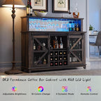 OKD Farmhouse Coffee Bar Cabinet with LED Lights, 55" Wine Bar w/Sliding Barn Door & Wine and Glass Rack, Kitchen Buffet Cabinet w/Storage Shelves for Dining Room,Dark Rustic Oak