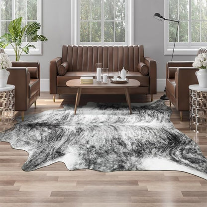 Western Faux Cowhide Rug, Animal Cow Hide Rug, 7 x 6.2 Ft Black | Premium by AROGANAREARUG