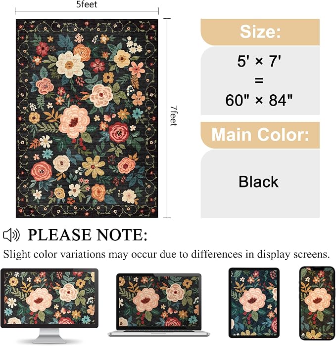 DUKINO 5x7 Area Rugs, Floral Washable Rug - Image 2
