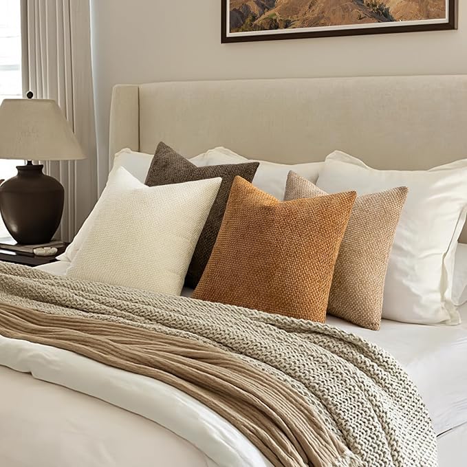MIULEE Decorative Chenille Fall Euro Pillow Covers Brown 22x22 Pack of 4 | - Image 4