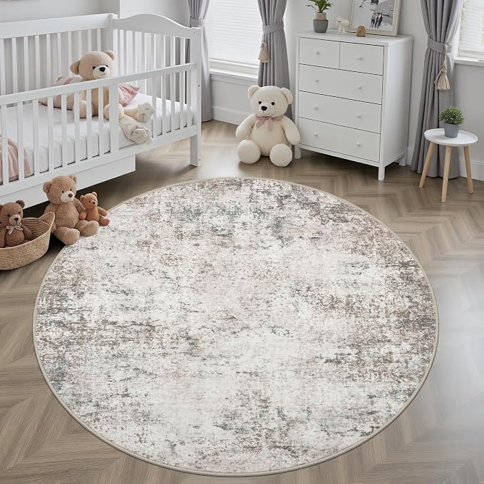 Round Area Rug Living Room: 8 ft Modern Washable Carpet Brown | - Image 4