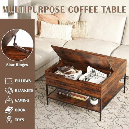 Farmhouse Coffee Table with Hidden Storage 32 in, Square Wood Living Room - Image 5