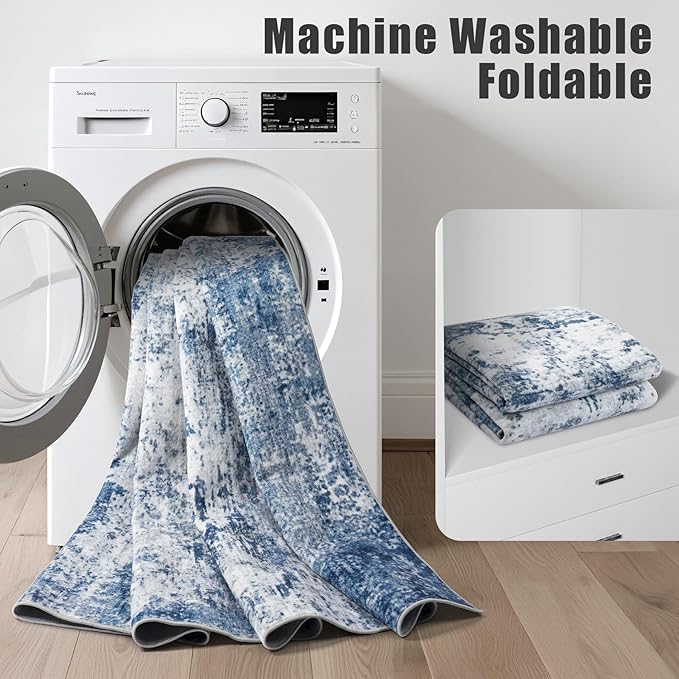 2x6 Washable Runner Rug：Modern Abstract Kitchen Soft Carpet Blue | - Image 5